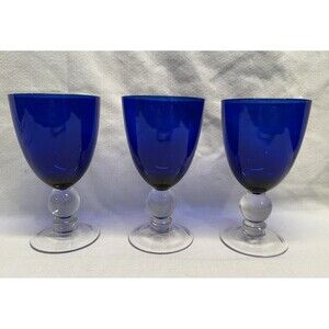 Set of 3 vintage  cobalt blue wine glasses thick clear ball stem bell shape 7”
